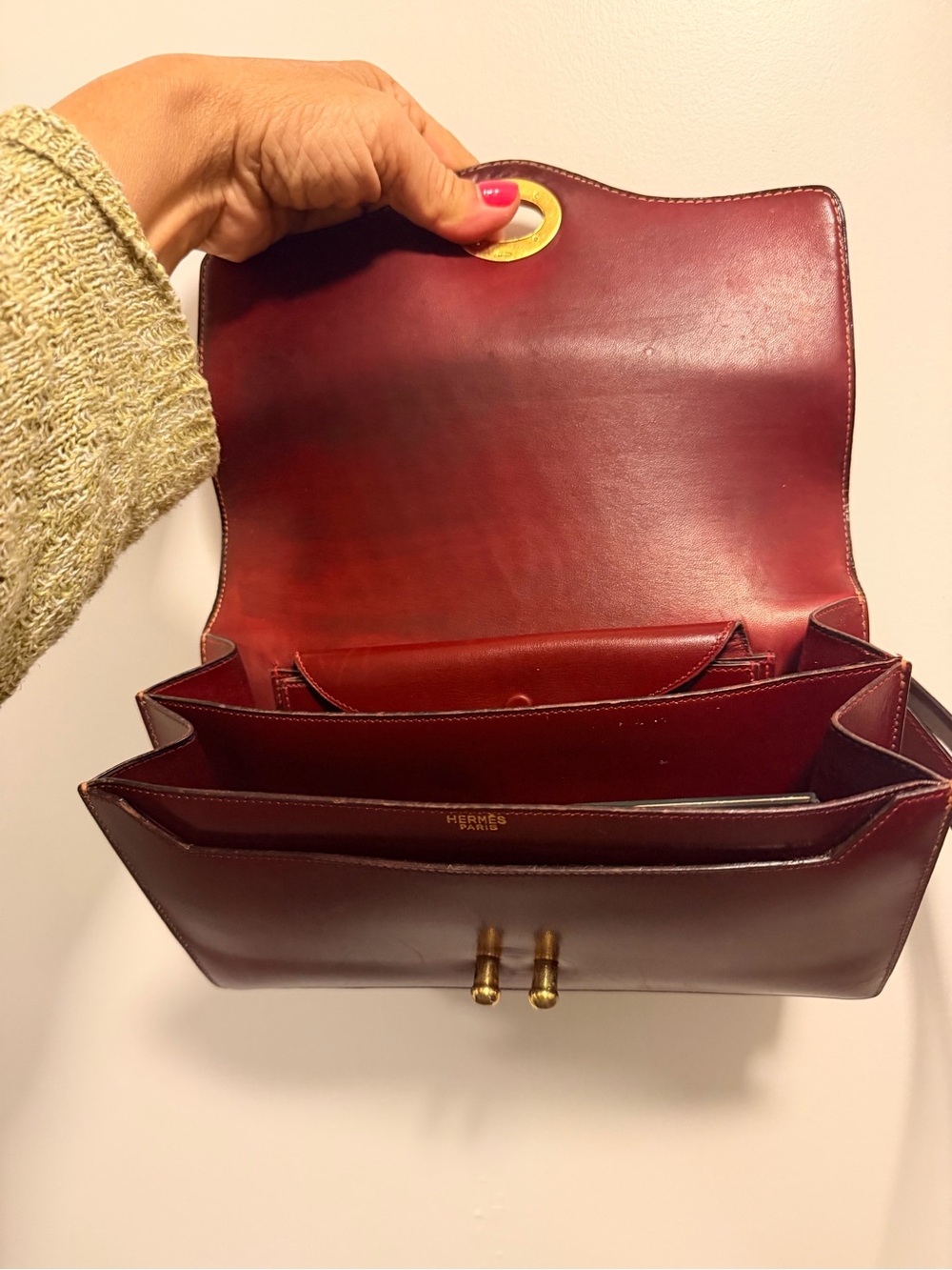 Hermes Burgundy Leather Shoulder Bag with Gold Hardware - Picture 7 of 7